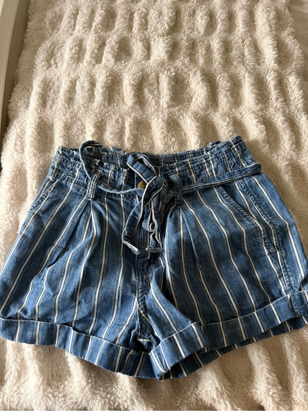 American Eagle Outfitters Blue and White Striped Paperbag Waist Shorts